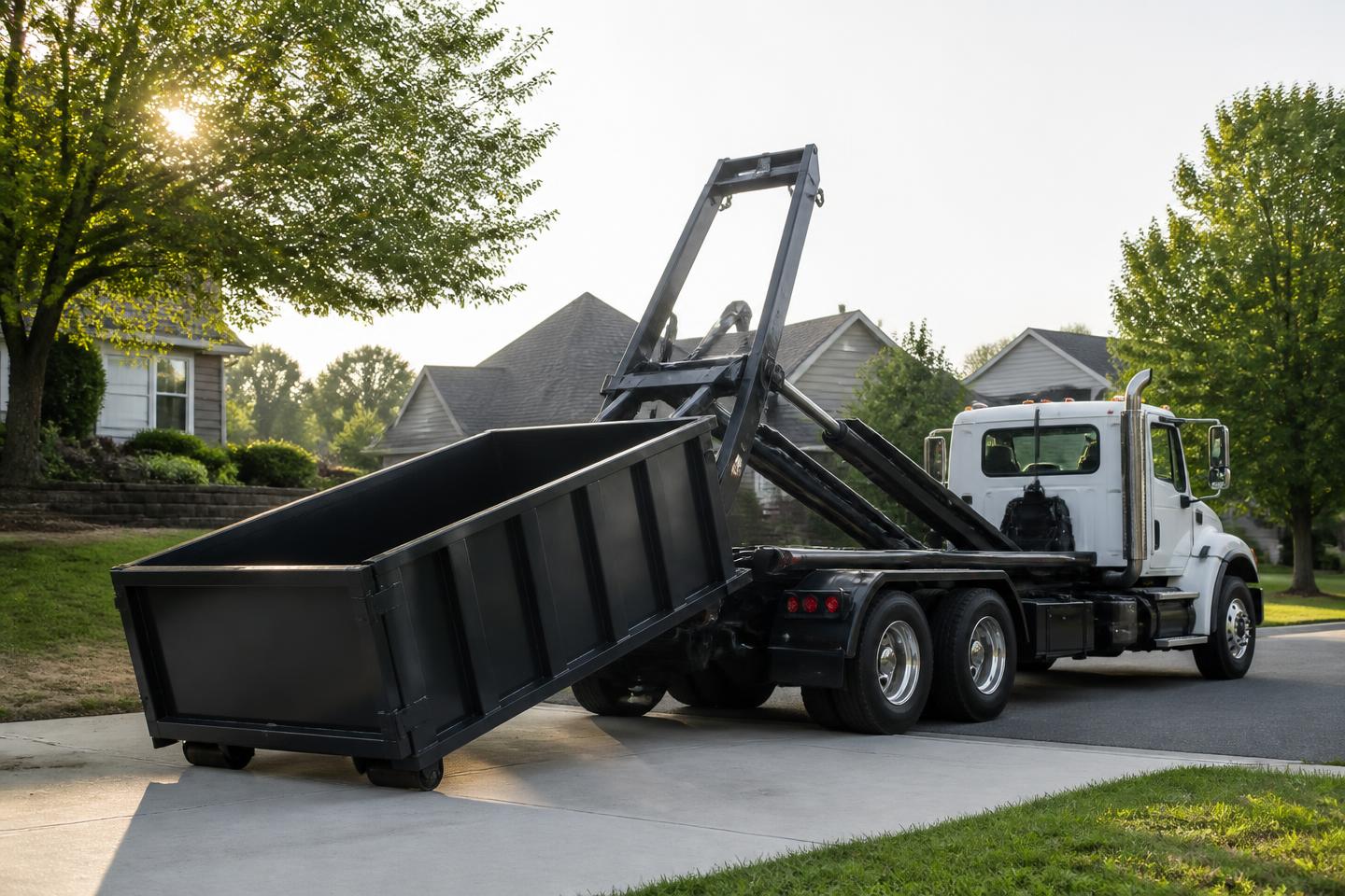 Roll-off truck lowering an empty dumpster onto a residential driveway
